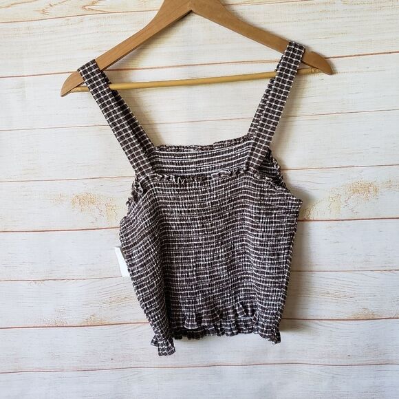 Sanctuary Westside Gingham Check Plaid Smocked Cropped Tank Top Chocolate Medium - Picture 7 of 10